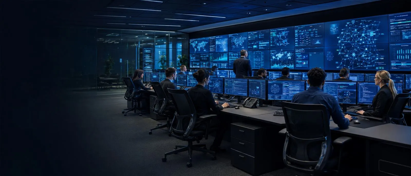 Centro de operações de cibersegurança da S3 com painéis de telemetria e mapa de ataques